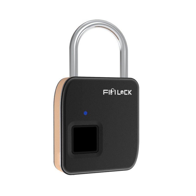 Black and gold fingerprint padlock with silver shackle and blue indicator light.