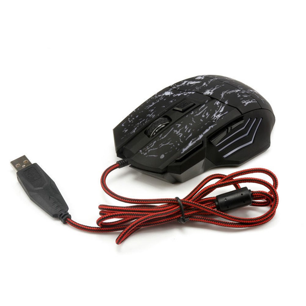Black wired gaming mouse with red braided cable and textured top surface design.
