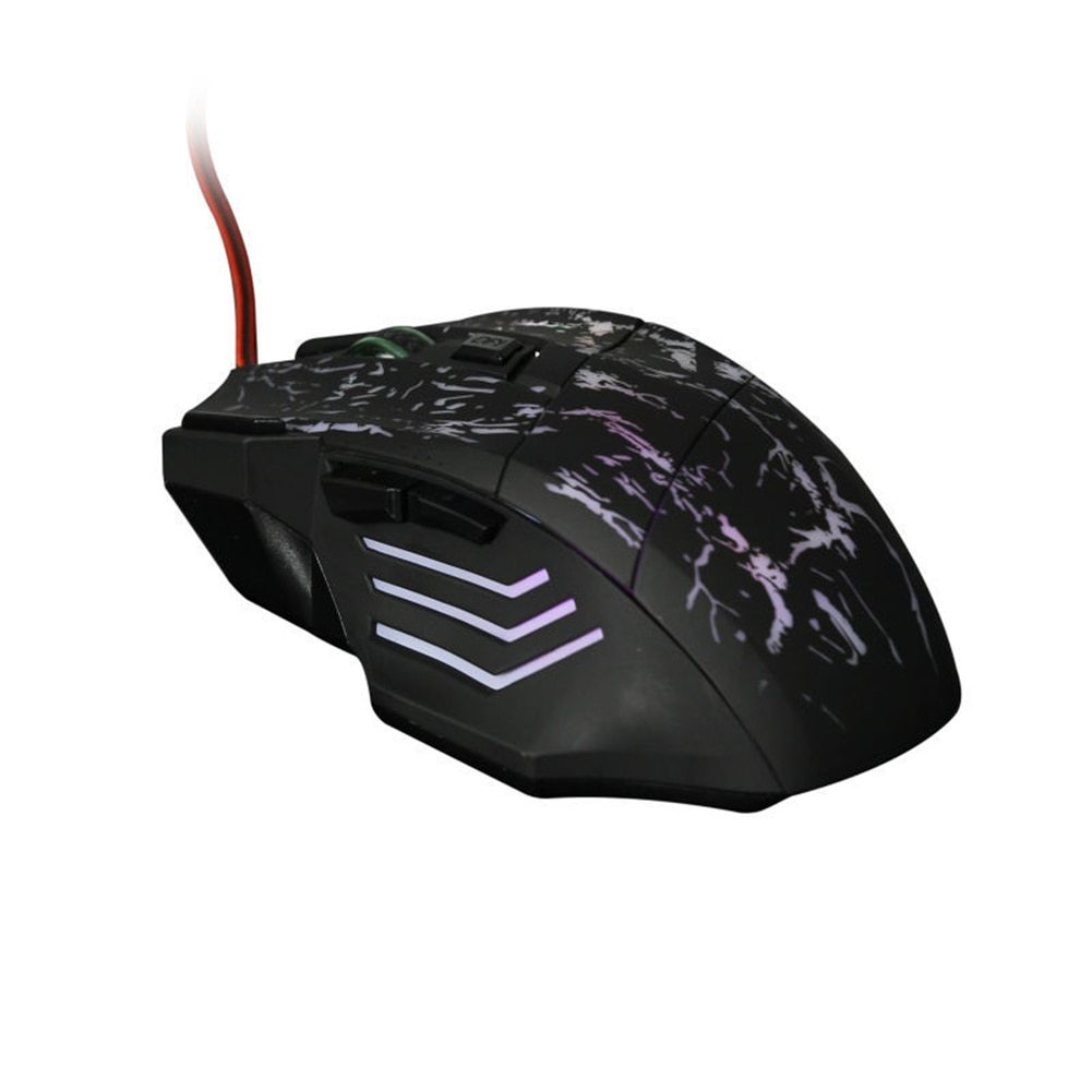 Black wired gaming mouse with purple lightning pattern and LED chevron accents.
