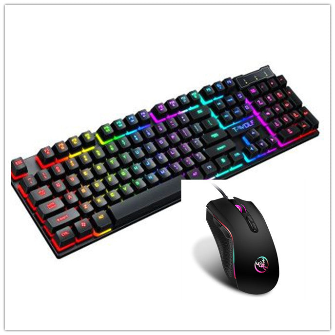 Black wired gaming keyboard with rainbow RGB backlighting and matching black gaming mouse with RGB accents.