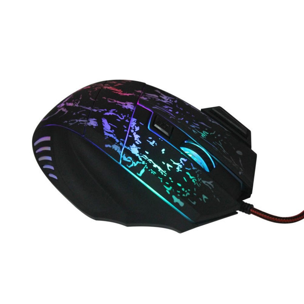 Black ergonomic gaming mouse with RGB lighting and textured grip, wired connection.