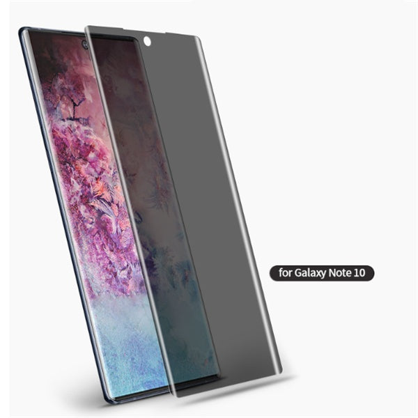 Privacy film screen protector showing darkened view with hole for front camera, designed for Galaxy Note 10.