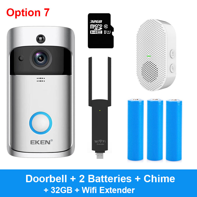 Silver and black smart doorbell with blue button, memory card, wireless adapter, chime, and three blue batteries.