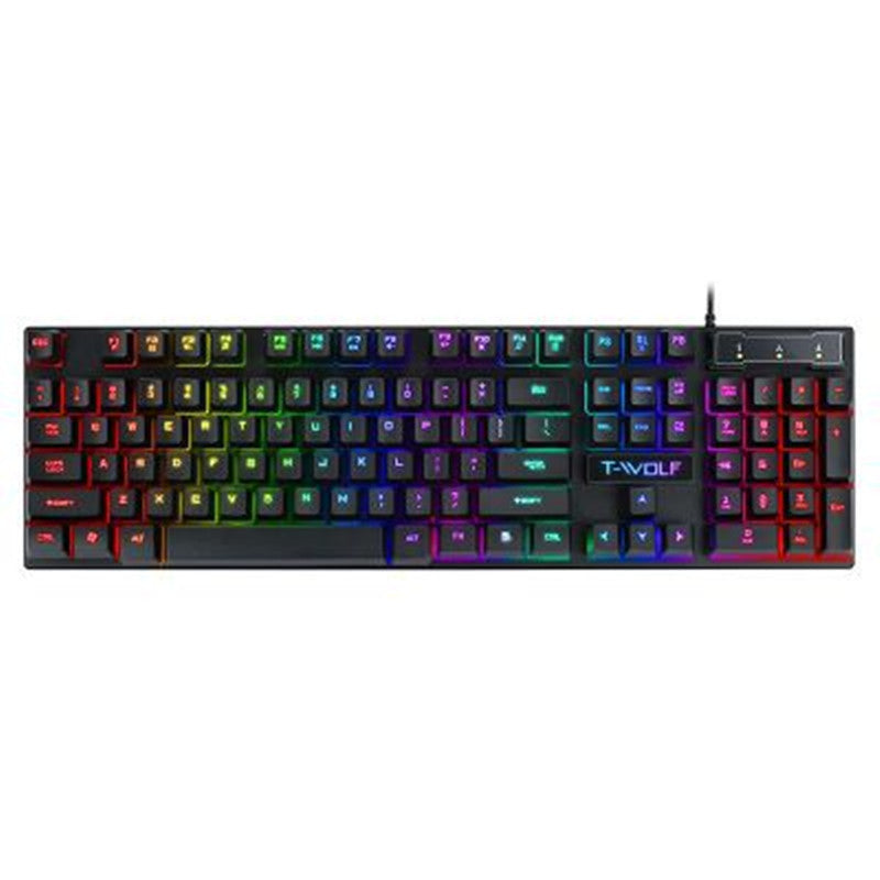 Black wired gaming keyboard with RGB backlit keys and compact design.