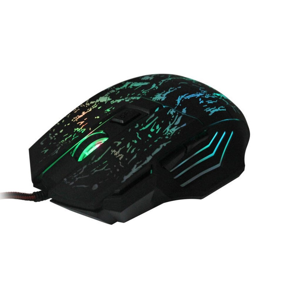 Black wired gaming mouse with green and blue LED light accents and textured surface design.