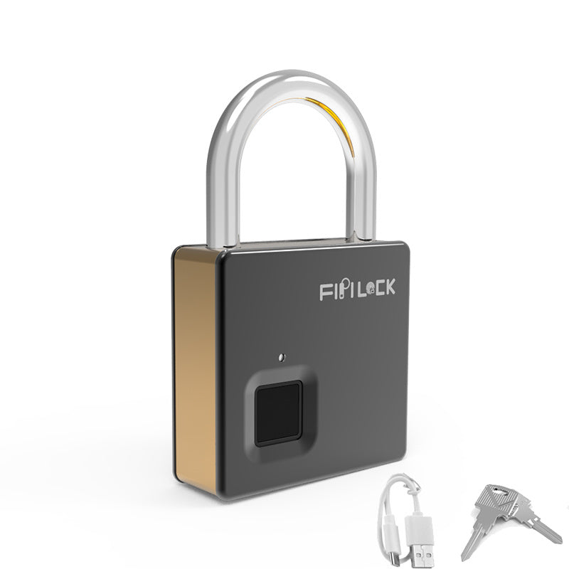 Silver square fingerprint padlock with black front panel, fingerprint sensor, and curved shackle.