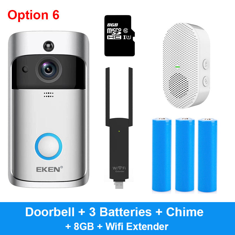 Silver and black smart doorbell with camera, blue ring button, three blue batteries, white chime, black WiFi extender, and.
