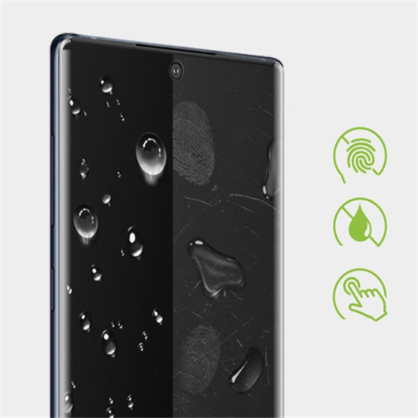 Privacy film on smartphone screen with water droplets, fingerprint-resistant and touch-sensitive icons displayed.