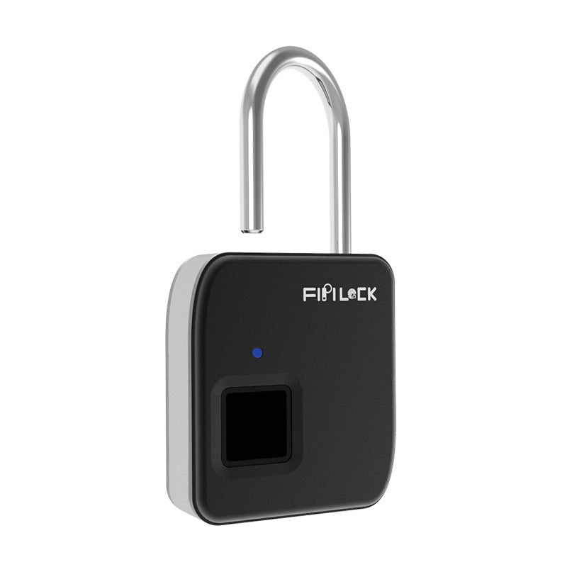 Black fingerprint padlock with silver shackle and small blue indicator light.