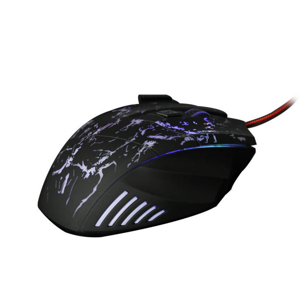 Black gaming mouse with blue lightning pattern, ergonomic shape, and red wired cable.
