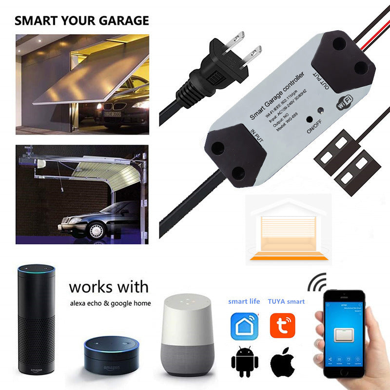 WiFi garage door controller with power plug, remote sensor, app and voice control compatibility icons.