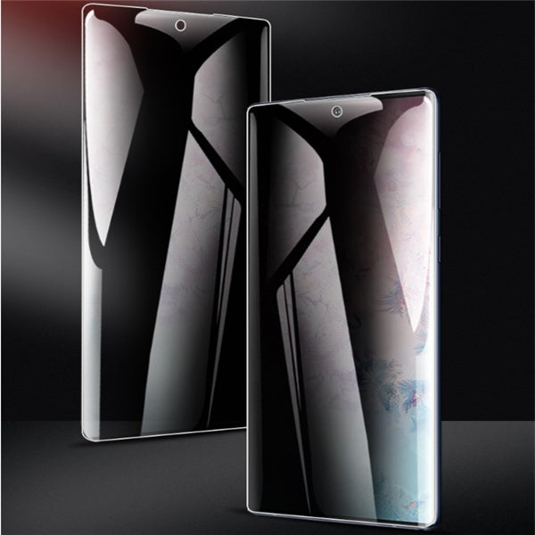 Two curved-edge smartphones with glossy full screen privacy films reducing side visibility and glare.