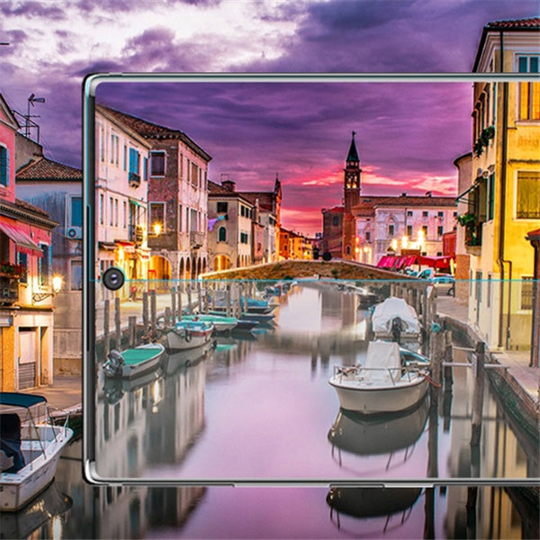 Clear full screen privacy film protector displayed over a city canal scene with boats and buildings at sunset.