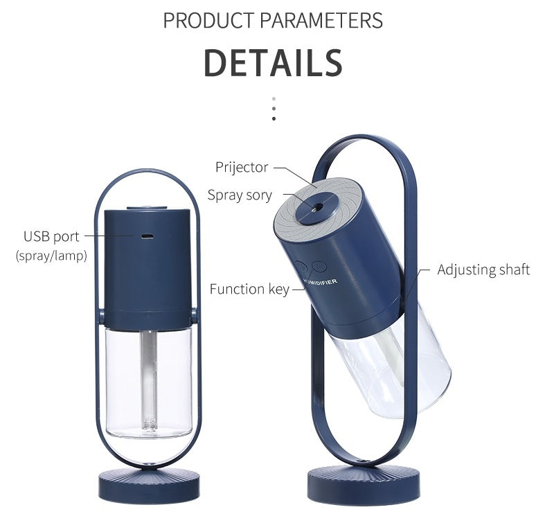 Dark blue cylindrical USB humidifier with clear water tank, spray nozzle, function key, and adjustable shaft on round base.