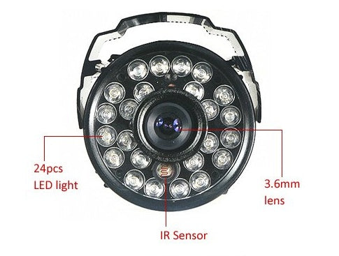 Black round surveillance camera with 24 LED lights, IR sensor, and 3.6mm lens.