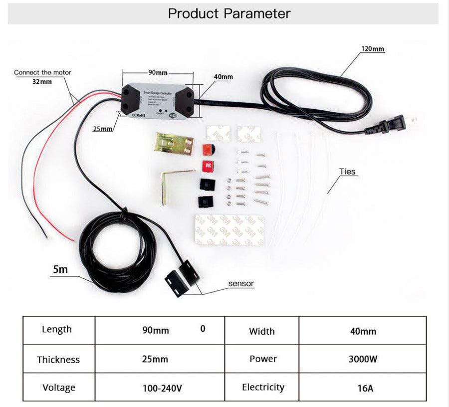 WiFi garage door controller kit with sensor, wires, mounting hardware, and black antenna cable.
