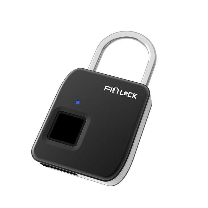 Black fingerprint padlock with silver shackle and blue indicator light.