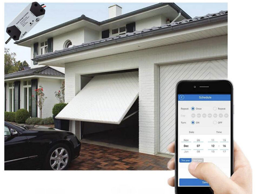 White garage door opening with a black car parked outside and a smartphone showing a garage door control app.