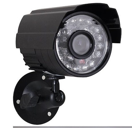 Black outdoor security camera with infrared LEDs and adjustable mounting bracket.
