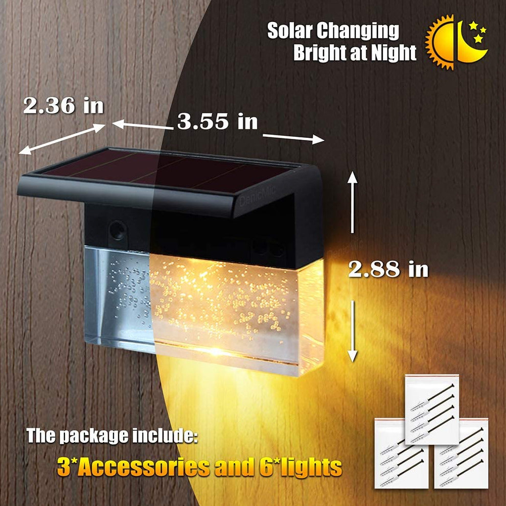 Black waterproof solar step fence light with RGB LED, dimensions and packaging details shown.