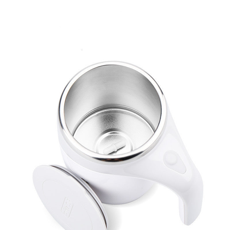 White automatic electric stirring cup with stainless steel interior and detachable lid, USB rechargeable design.