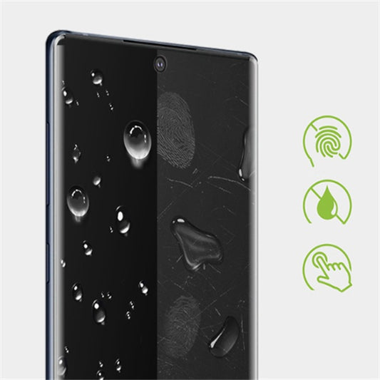 Privacy film on smartphone screen with water droplets, fingerprint-resistant and touch-sensitive icons displayed.