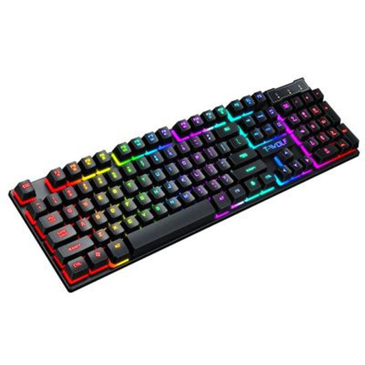 Black wired gaming keyboard with multicolor RGB backlit floating keys.
