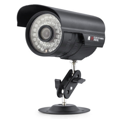 Black cylindrical outdoor security camera with infrared LEDs and adjustable mounting bracket.