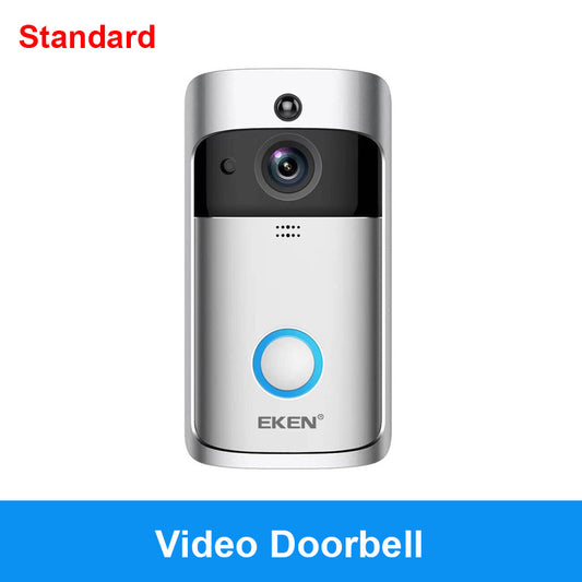 Silver rectangular smart video doorbell with black camera panel and blue circular button.