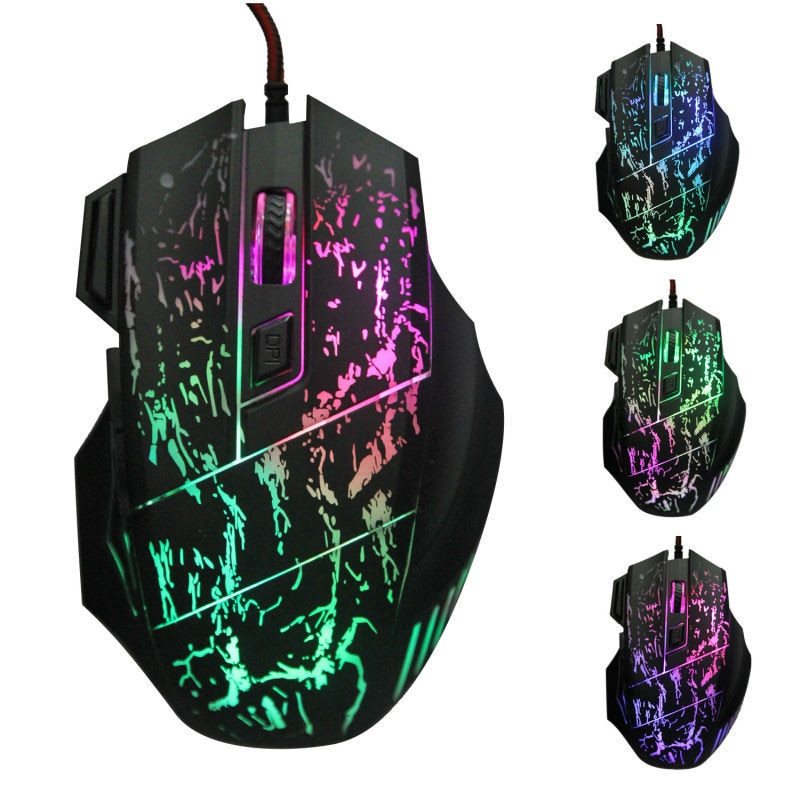 Black ergonomic gaming mouse with multicolor LED cracked pattern and side buttons.