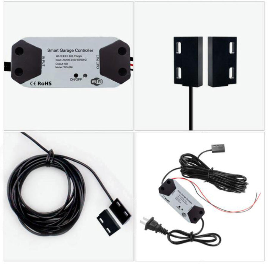Compact rectangular white WiFi garage door controller with black mounting bracket and attached black sensor cables.