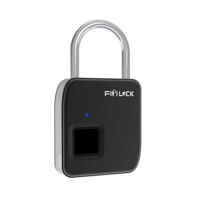 Black fingerprint padlock with silver shackle and small blue indicator light.