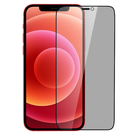 Black full-screen privacy protection film aligned with an iPhone featuring a red and orange gradient display.