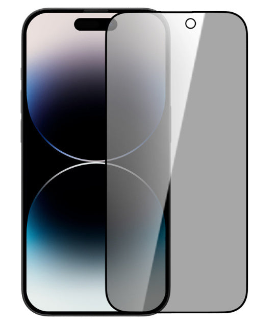 Black full screen privacy protection film for iPhone with curved edges and cutouts for front camera and sensors.