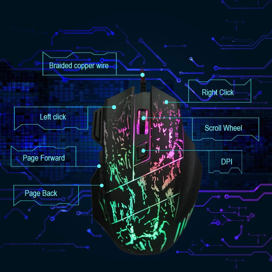 Black gaming mouse with multicolor LED lighting, side buttons, scroll wheel, and DPI control.