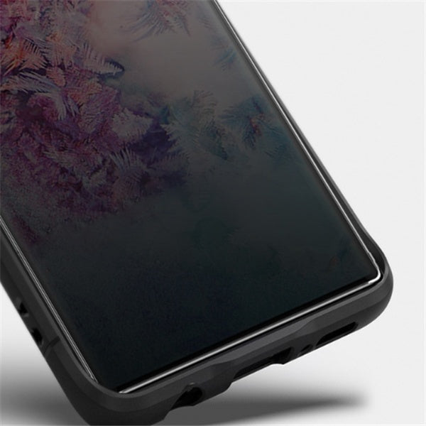 Black smartphone with a darkened, fingerprint-resistant full screen privacy film applied.