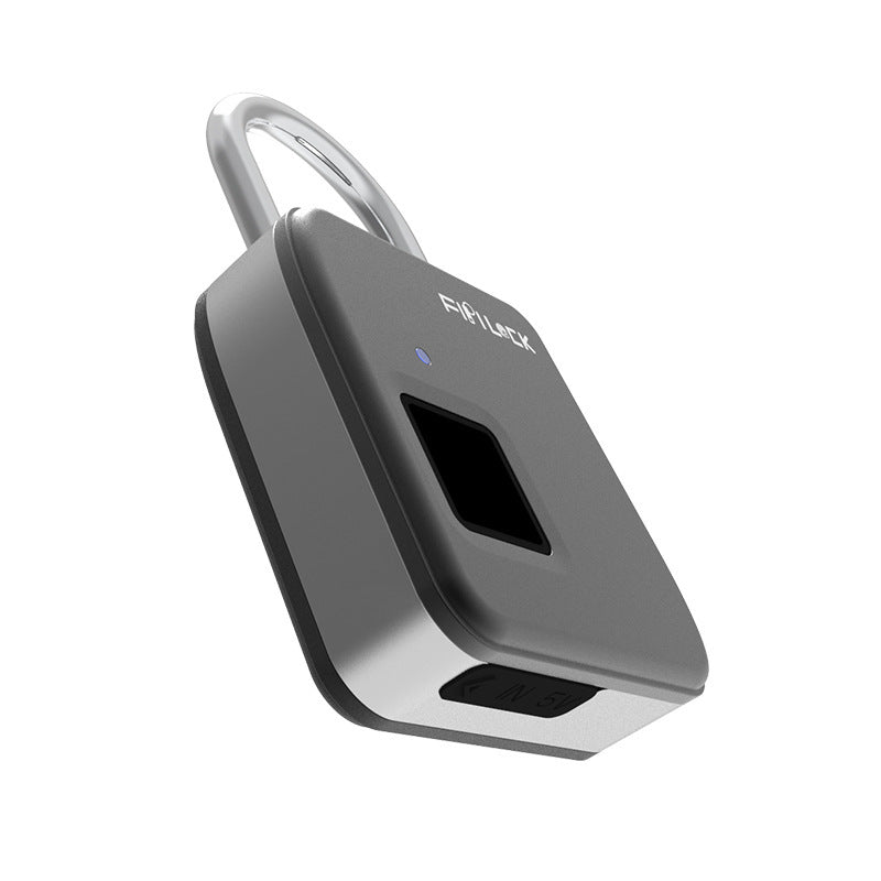 Compact silver fingerprint padlock with black sensor and rounded metal shackle.
