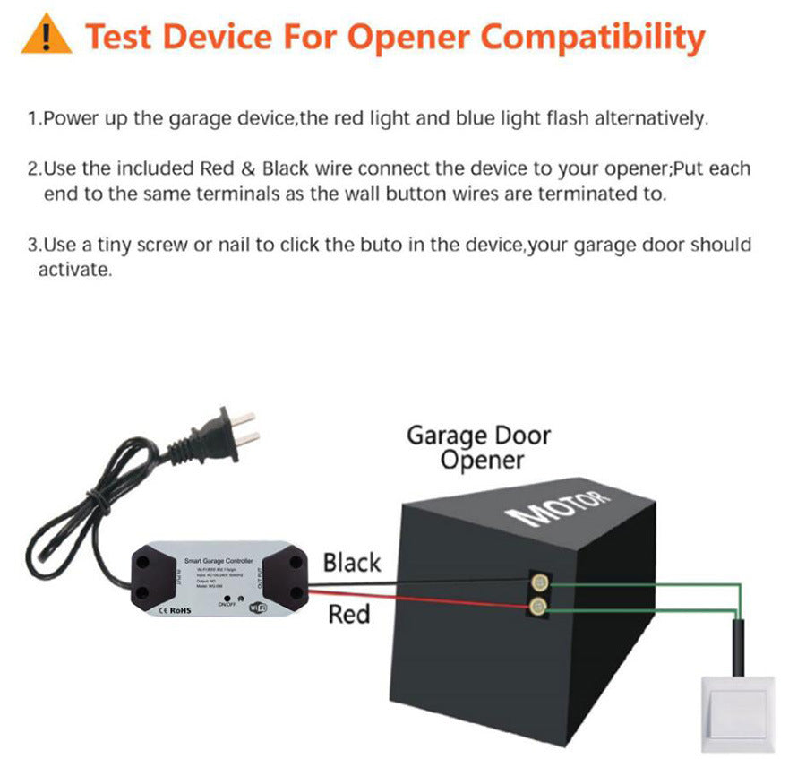 WIFI garage door controller with red and black wires, plug, and wiring diagram illustration.