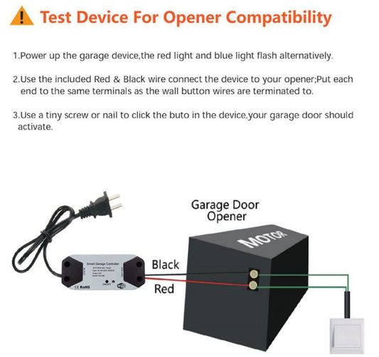 WIFI garage door controller with red and black wires, plug, and wiring diagram illustration.