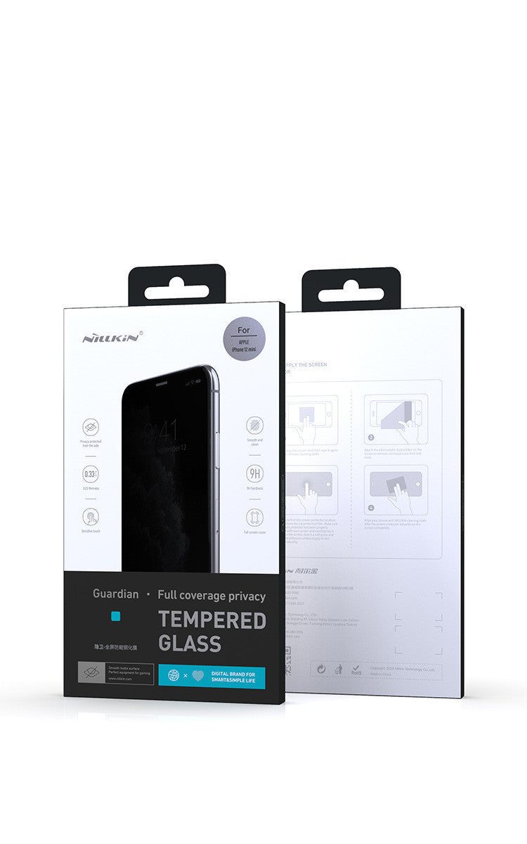Black full screen privacy tempered glass film for iPhone displayed in sleek white and black packaging.