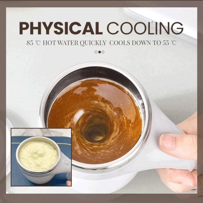 White electric automatic stirring cup with rotating magnetic feature mixing a hot beverage.