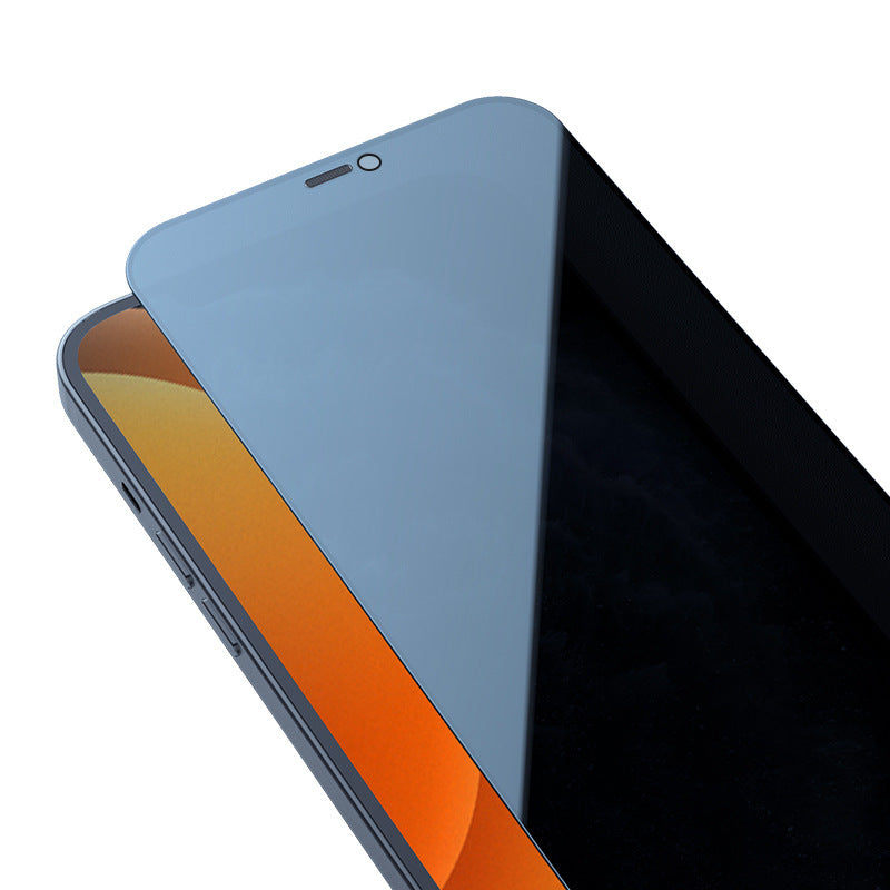 Black privacy screen protector applied on smartphone with blue-gray frame and visible front camera cutout.
