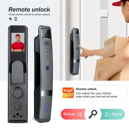 Black sleek smart door lock with numeric keypad and fingerprint scanner on modern white door.