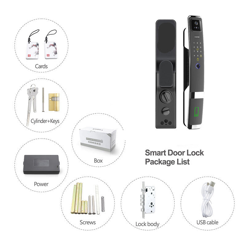 Black smart door lock with touchscreen keypad, fingerprint scanner, face recognition camera, and included installation.