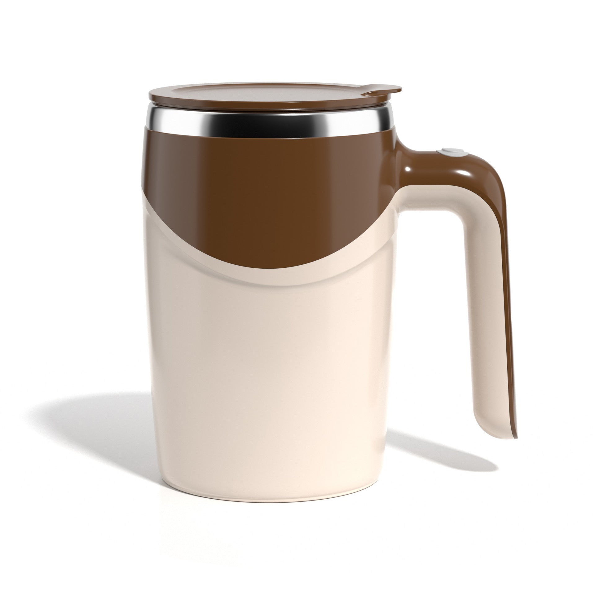 Two-tone ceramic electric stirring mug with brown top half, beige bottom half, and handle, stainless steel lid rim.